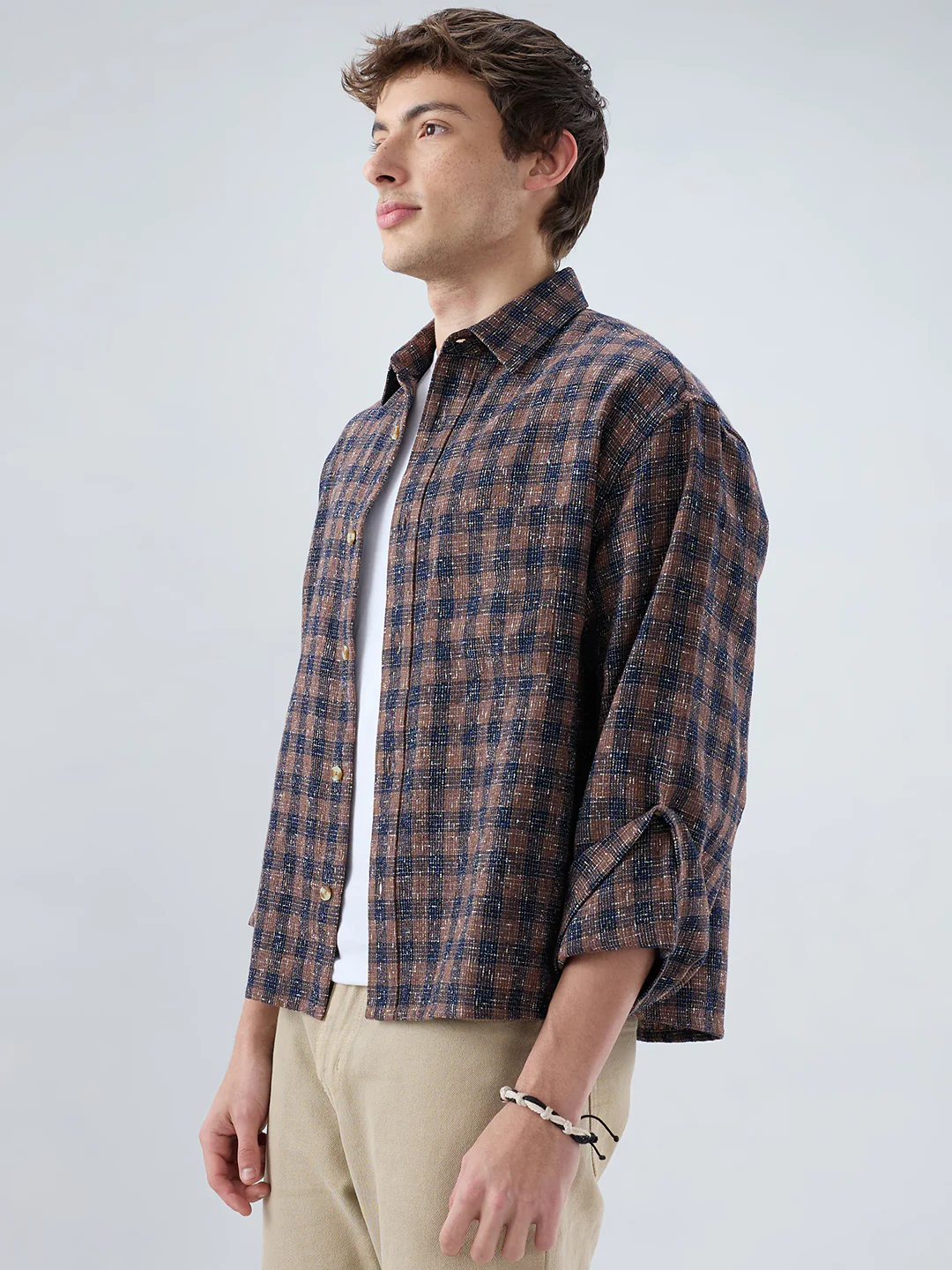 Raunak Edit Glossy Navy & Brown Checked Oversized Crop Shirt - Image 7