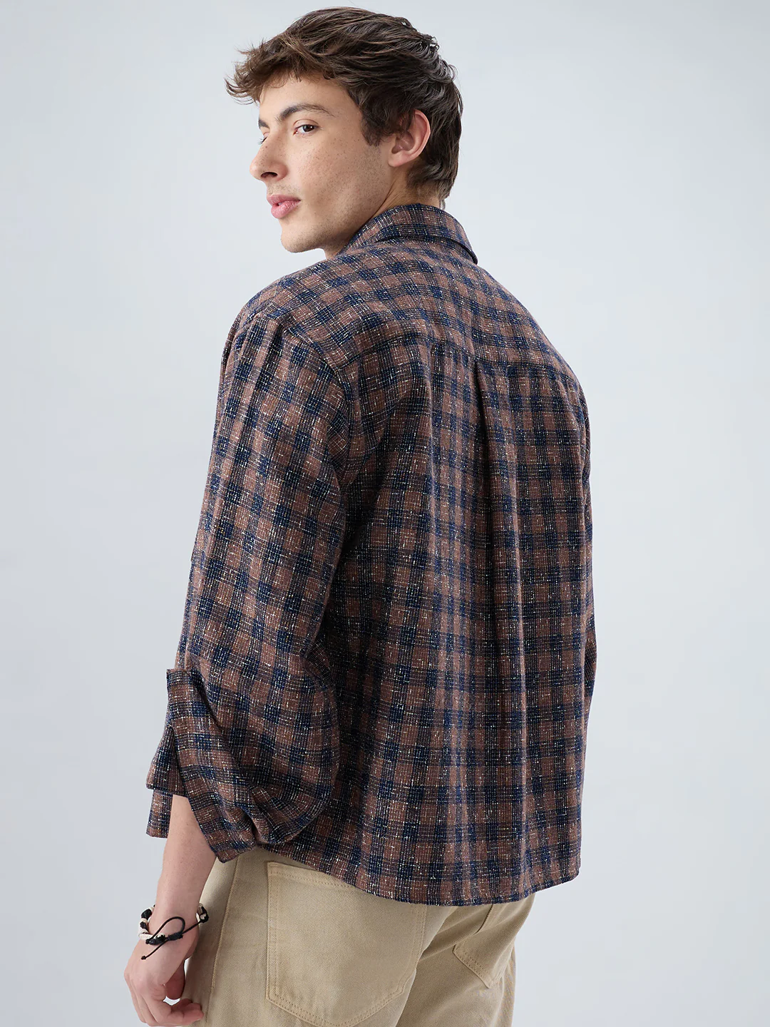 Raunak Edit Glossy Navy & Brown Checked Oversized Crop Shirt - Image 8