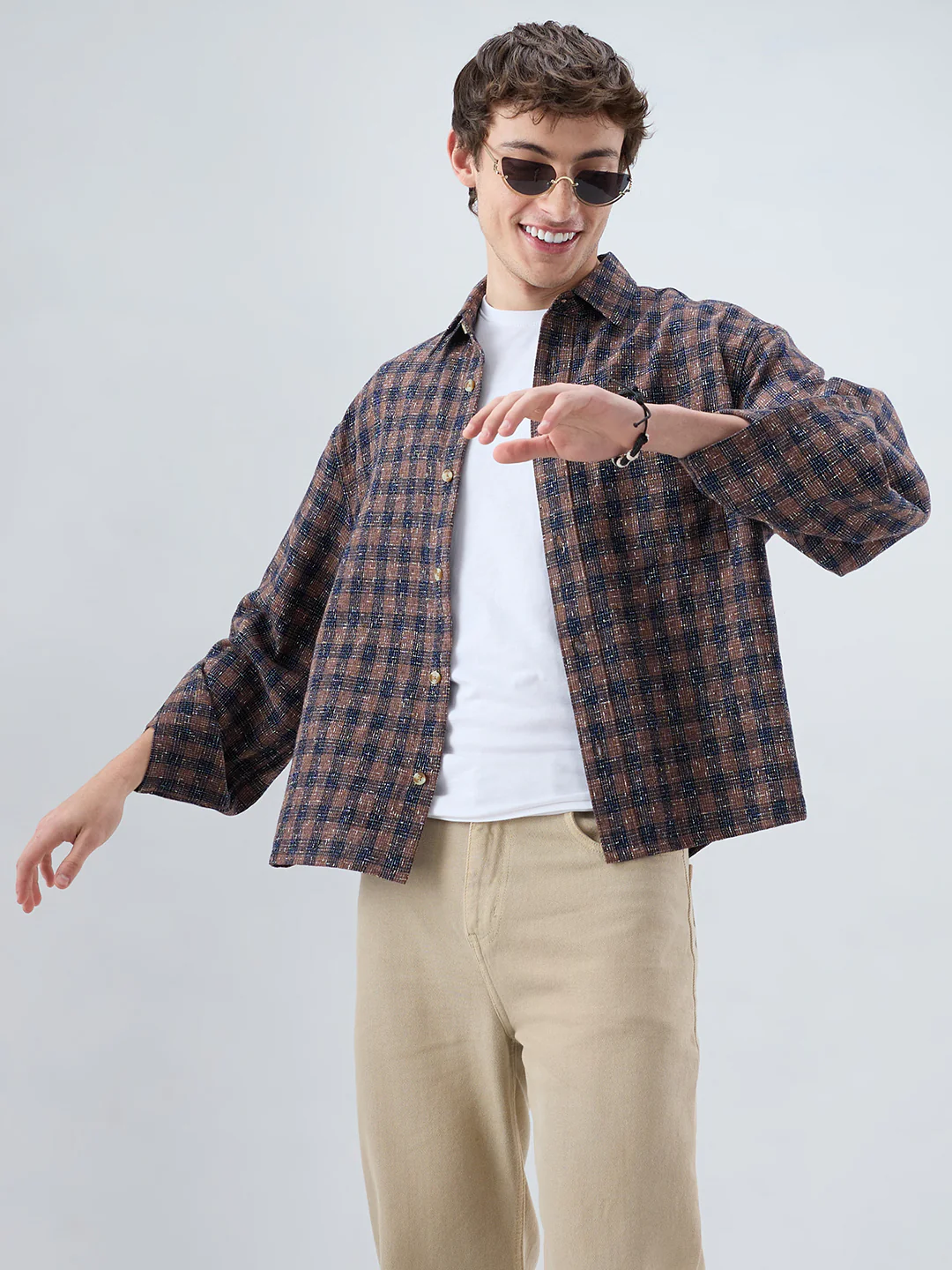 Raunak Edit Glossy Navy & Brown Checked Oversized Crop Shirt - Image 9