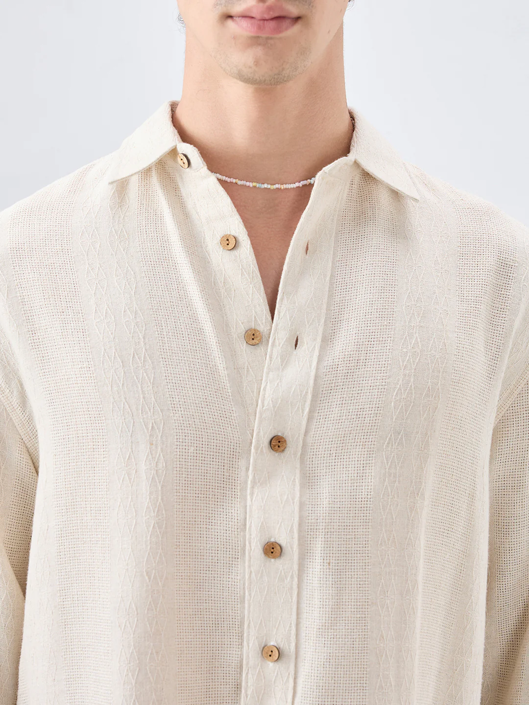 Raw Linen Blend Micro Weave Lozenge Textured Boxy Fit Crop Shirt - Image 3