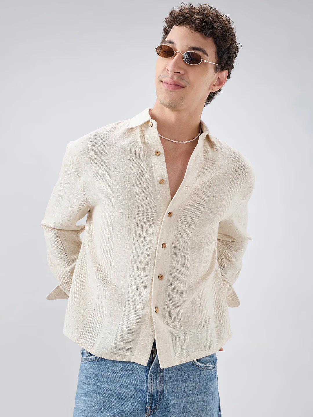 Raw Linen Blend Micro Weave Lozenge Textured Boxy Fit Crop Shirt - Image 4