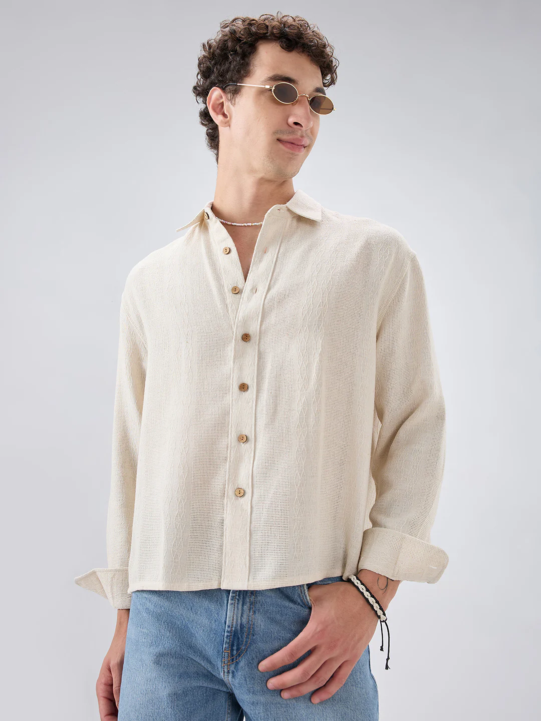 Raw Linen Blend Micro Weave Lozenge Textured Boxy Fit Crop Shirt - Image 5