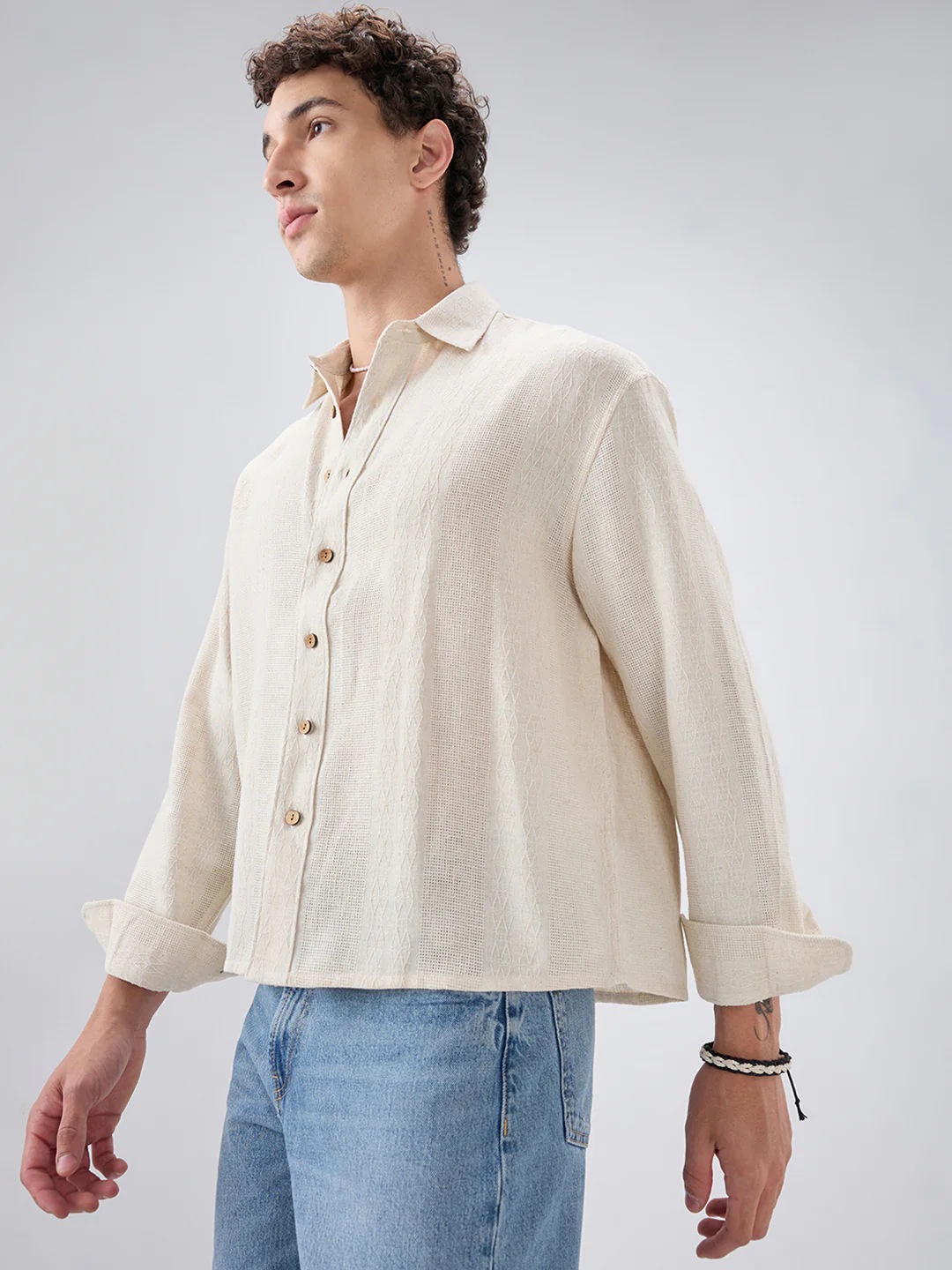 Raw Linen Blend Micro Weave Lozenge Textured Boxy Fit Crop Shirt - Image 6