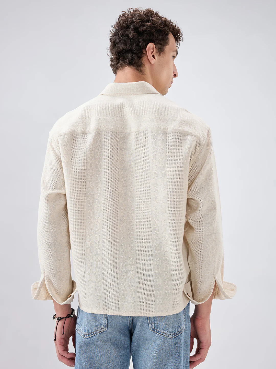 Raw Linen Blend Micro Weave Lozenge Textured Boxy Fit Crop Shirt - Image 7
