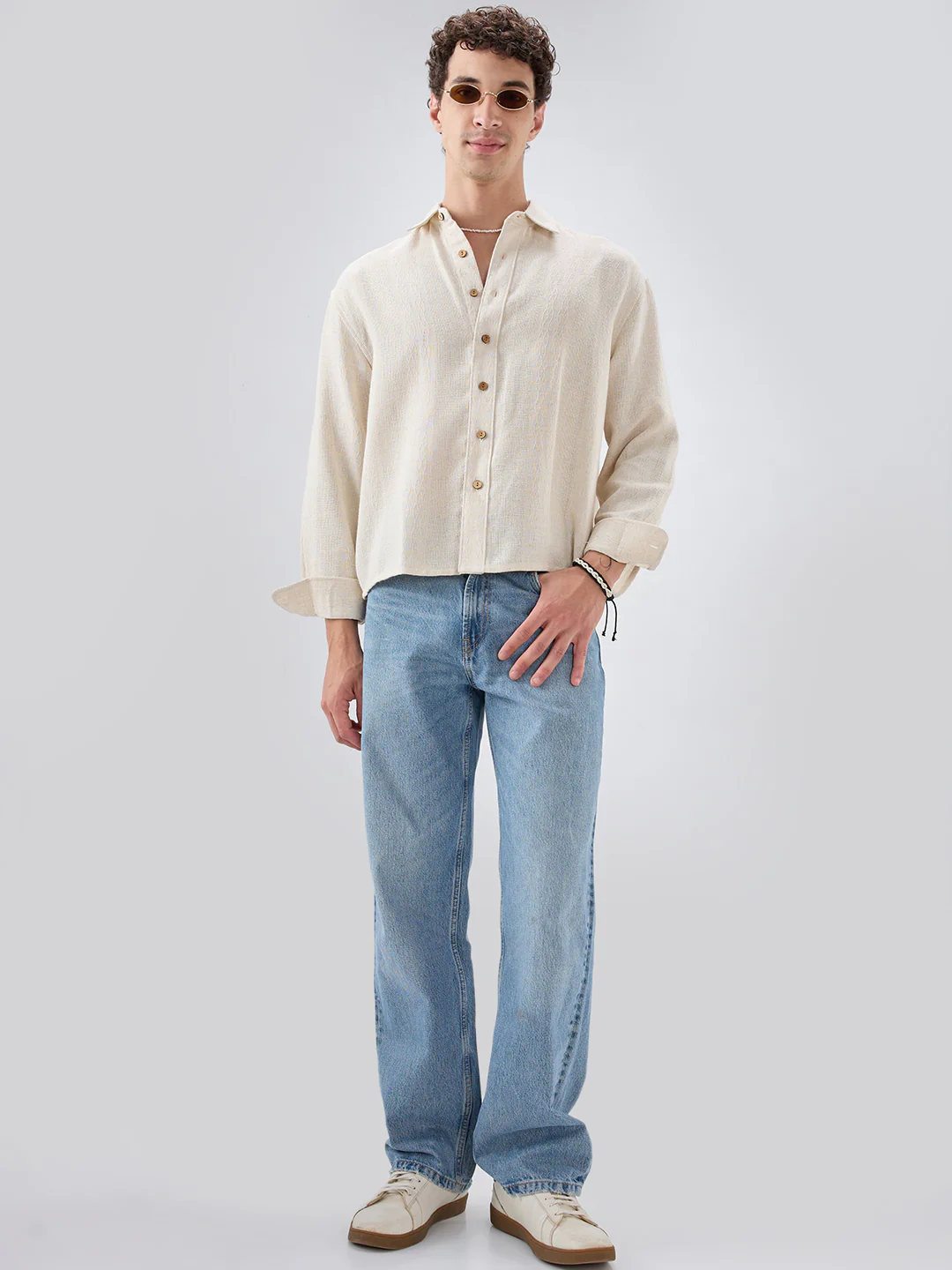Raw Linen Blend Micro Weave Lozenge Textured Boxy Fit Crop Shirt - Image 8