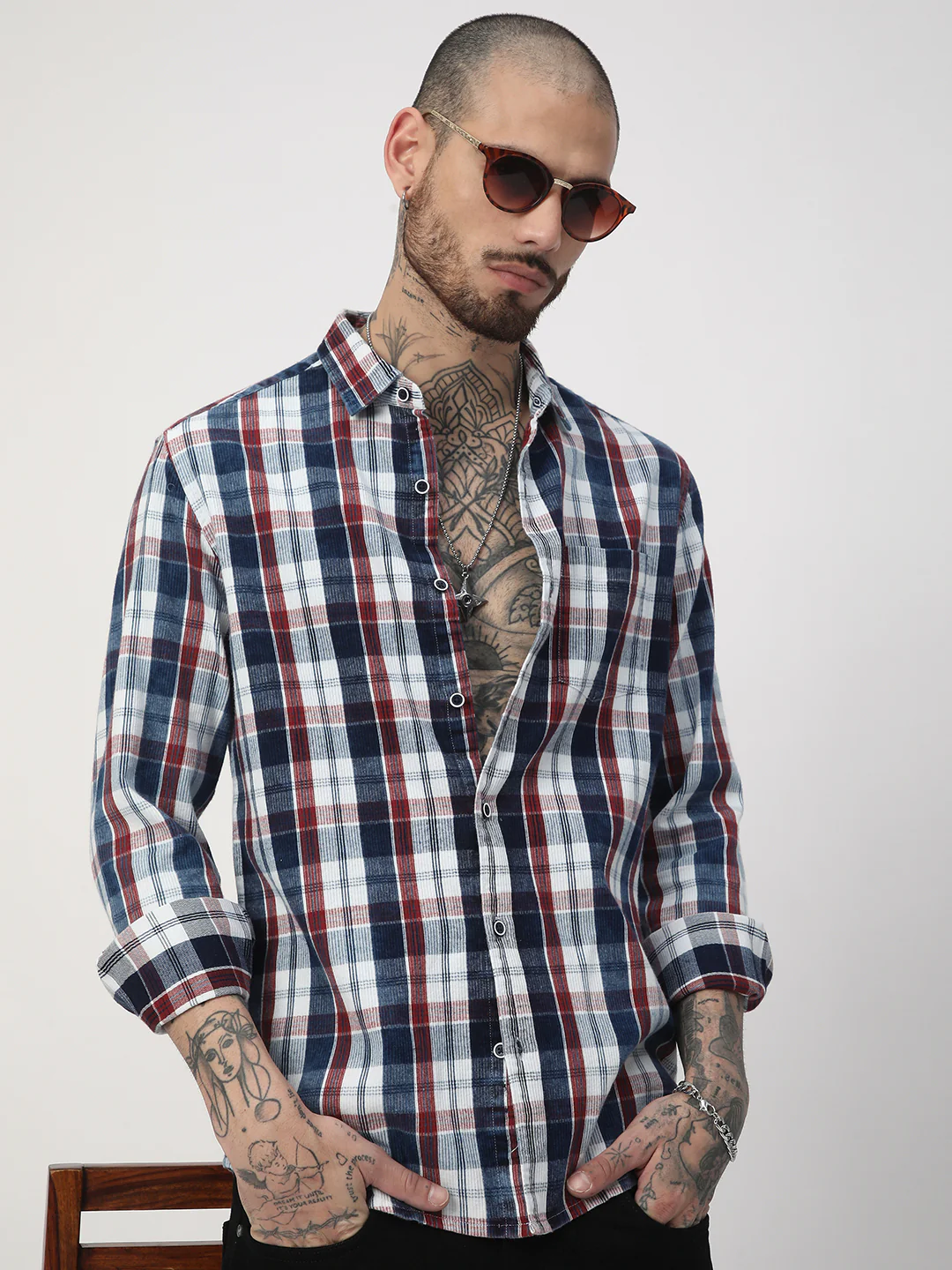 Denim Red & Navy Plaid Checks Shirt - Image 2