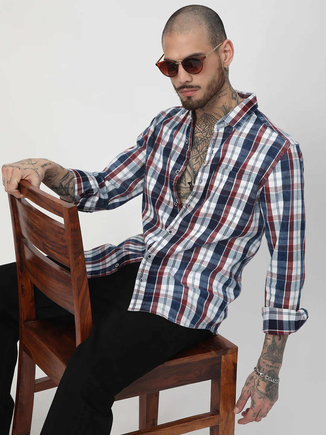 Denim Red & Navy Plaid Checks Shirt - Image 4