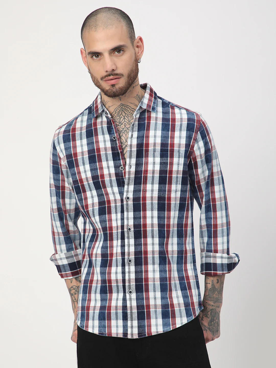 Denim Red & Navy Plaid Checks Shirt - Image 5
