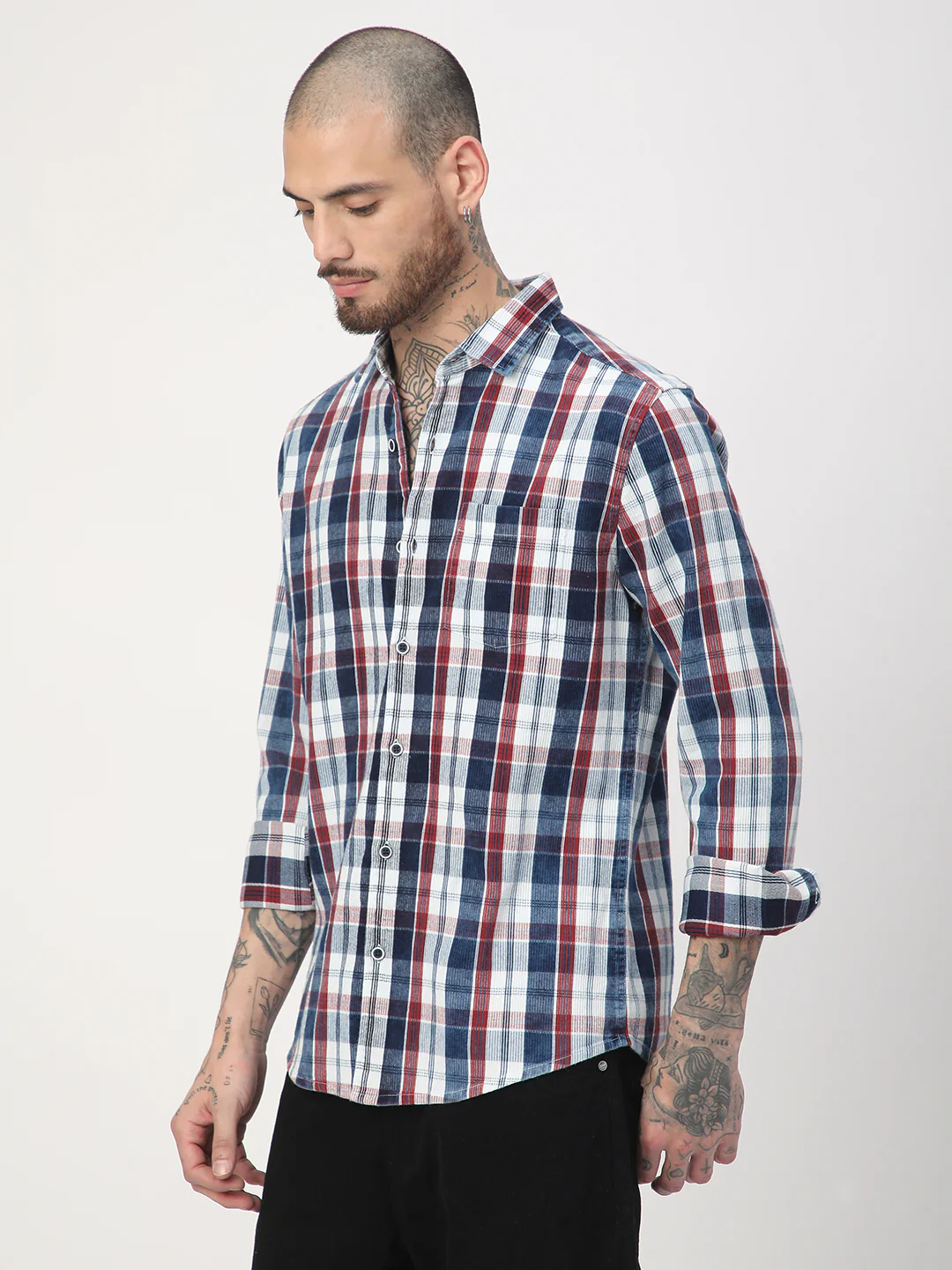Denim Red & Navy Plaid Checks Shirt - Image 6