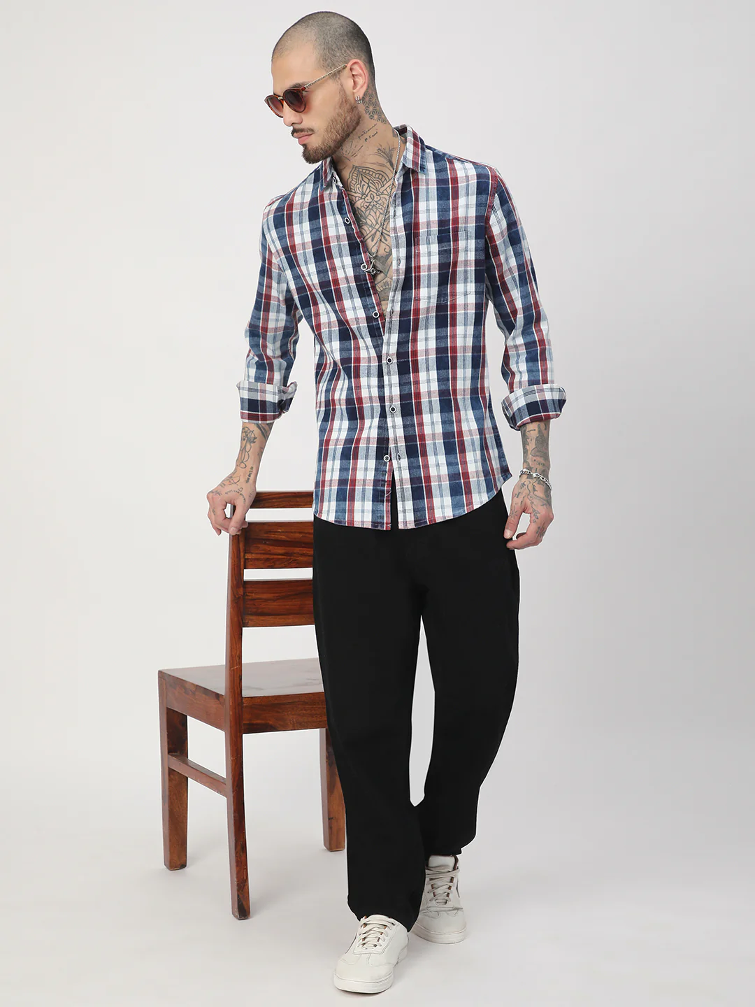 Denim Red & Navy Plaid Checks Shirt - Image 8
