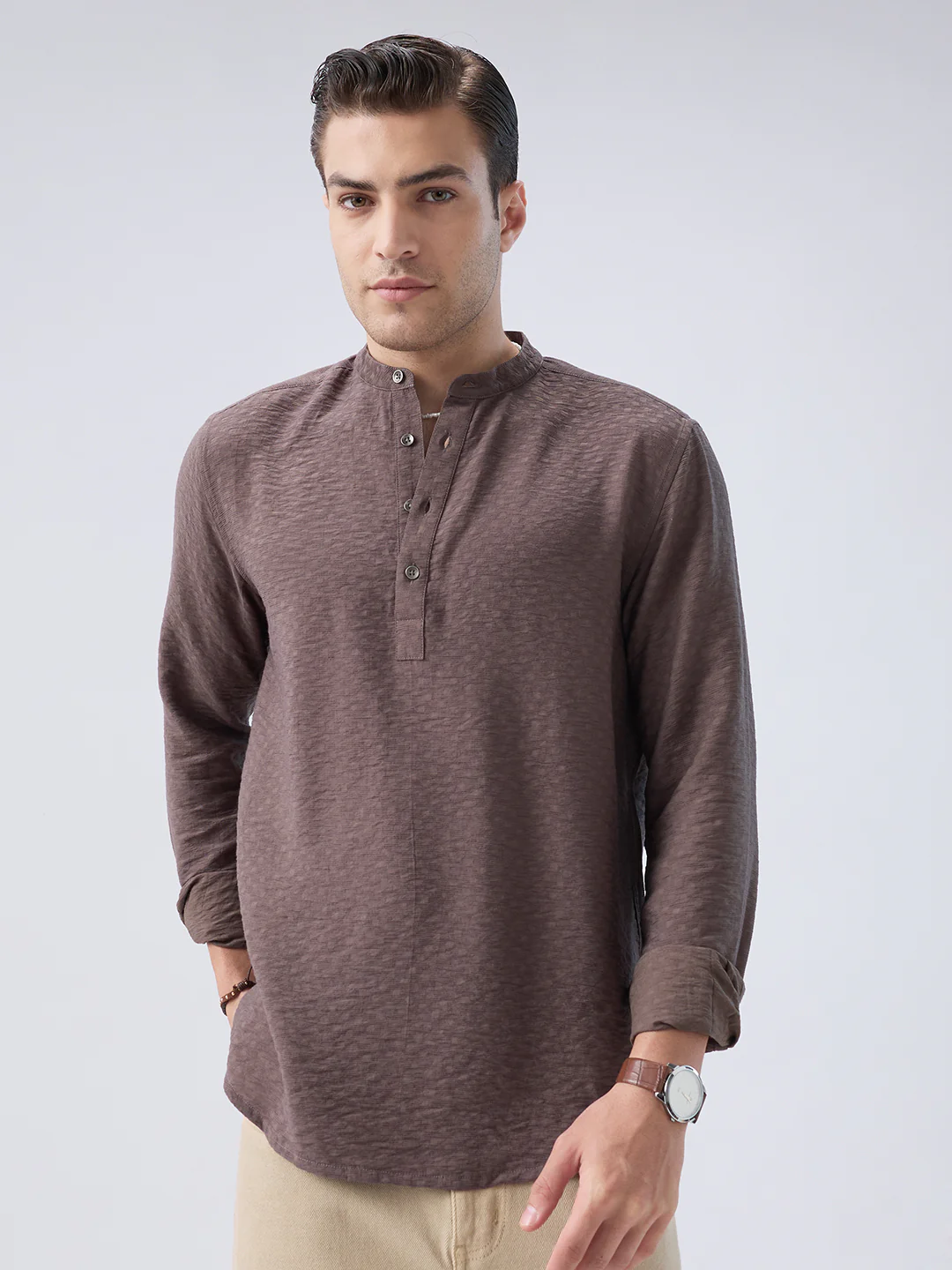 Refined Bark Brown Textured Kurta - Image 4
