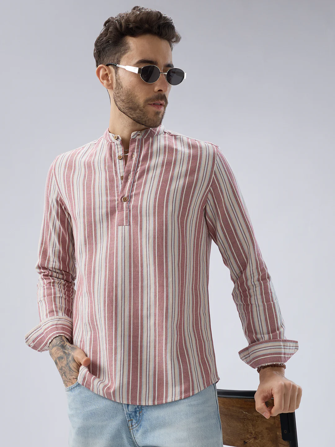 Refined Berry Red Retro Striped Kurta - Image 2