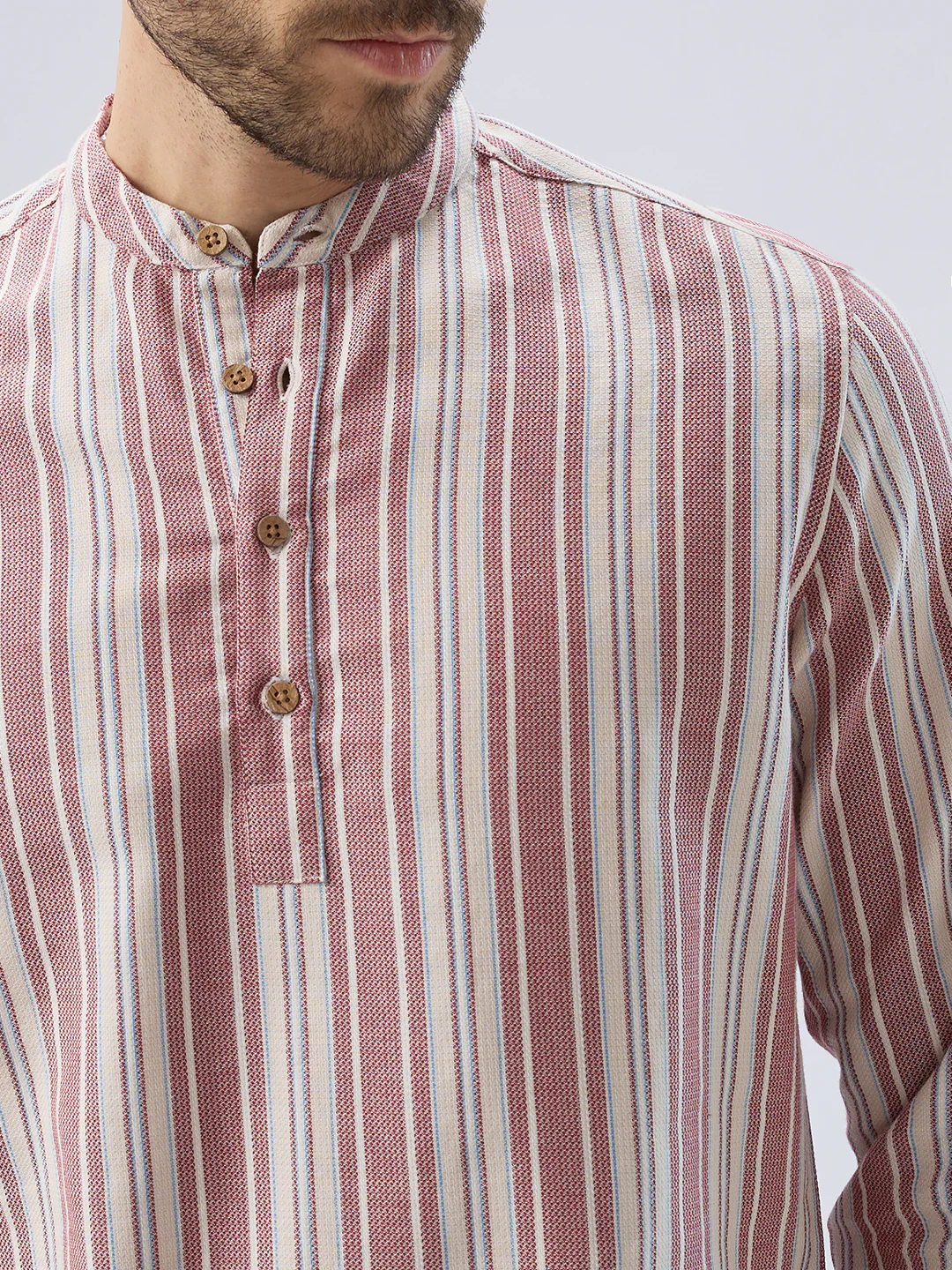 Refined Berry Red Retro Striped Kurta - Image 3
