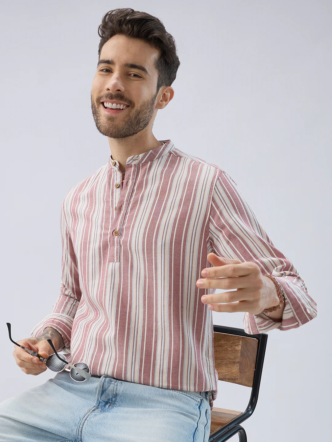 Refined Berry Red Retro Striped Kurta - Image 4
