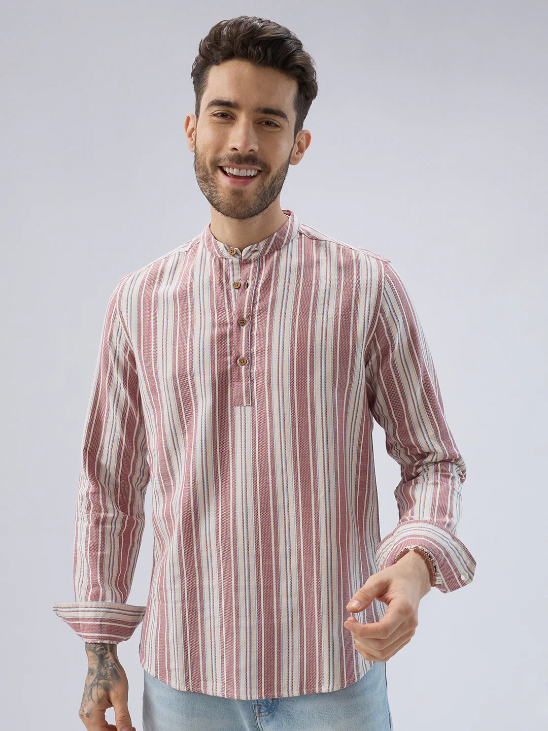 Refined Berry Red Retro Striped Kurta - Image 5