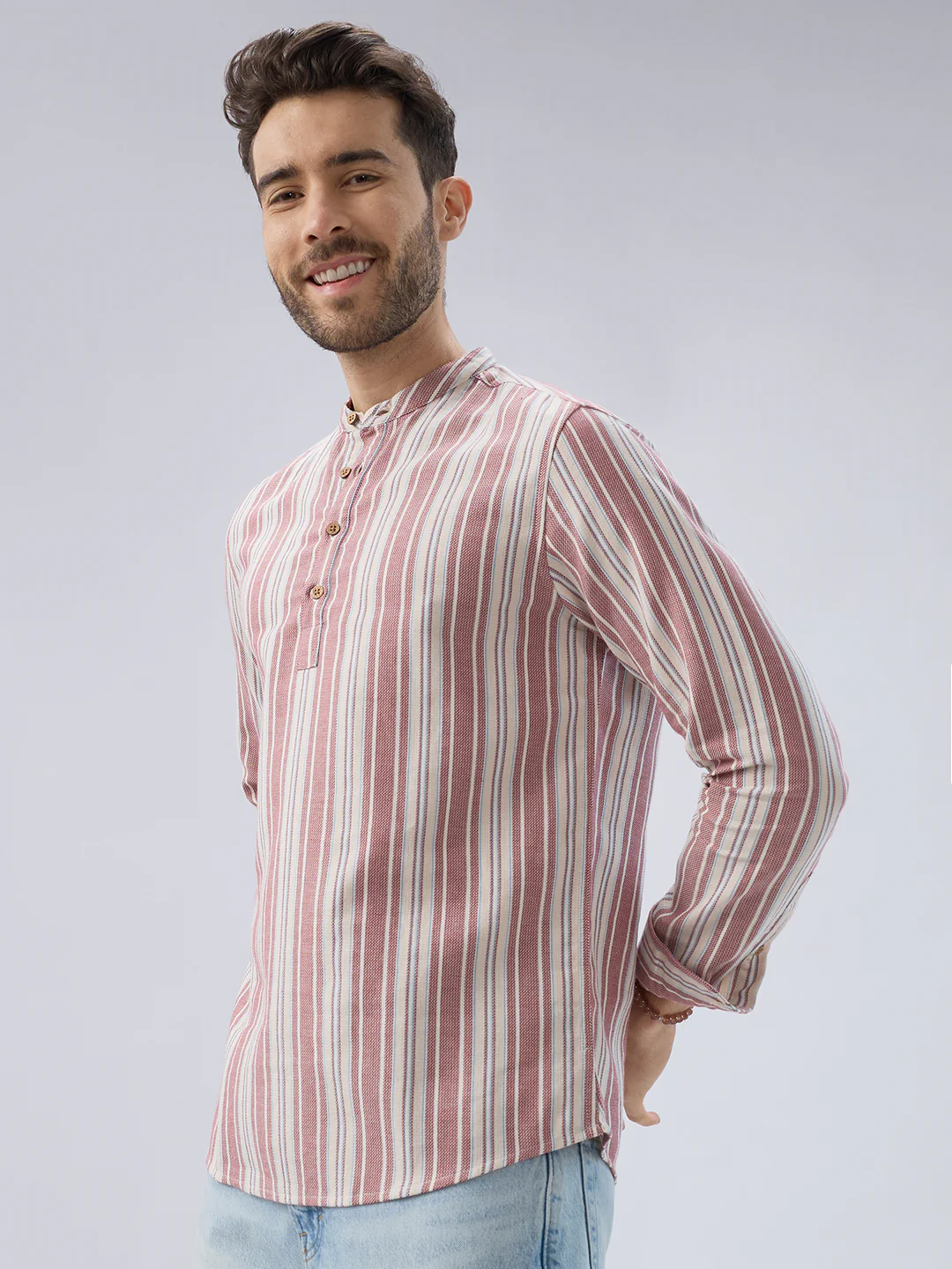 Refined Berry Red Retro Striped Kurta - Image 6