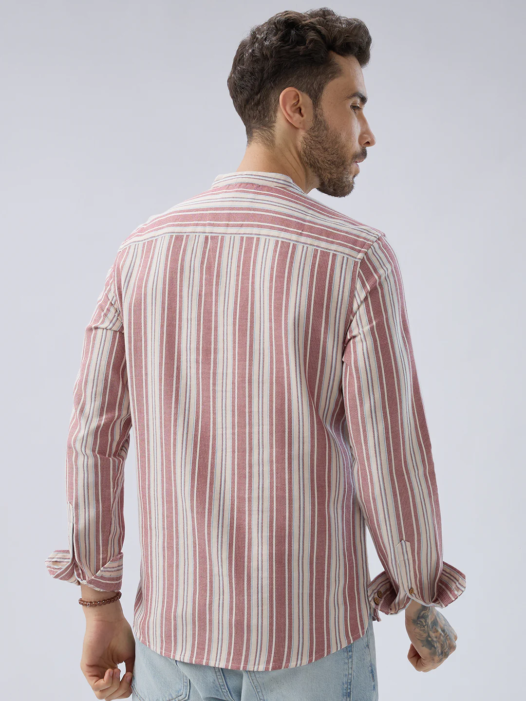 Refined Berry Red Retro Striped Kurta - Image 7
