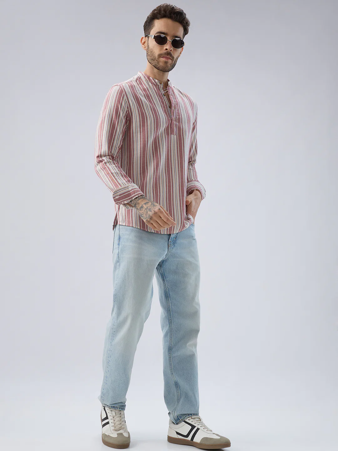 Refined Berry Red Retro Striped Kurta - Image 8