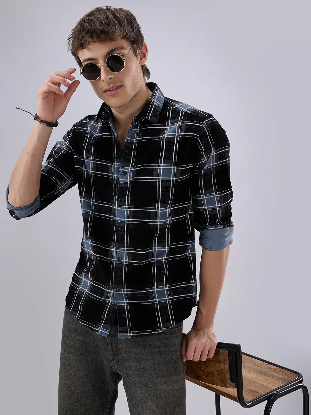 Refined Black & Blue Plaid Checks Flannel Corduroy Shirt - Image 2