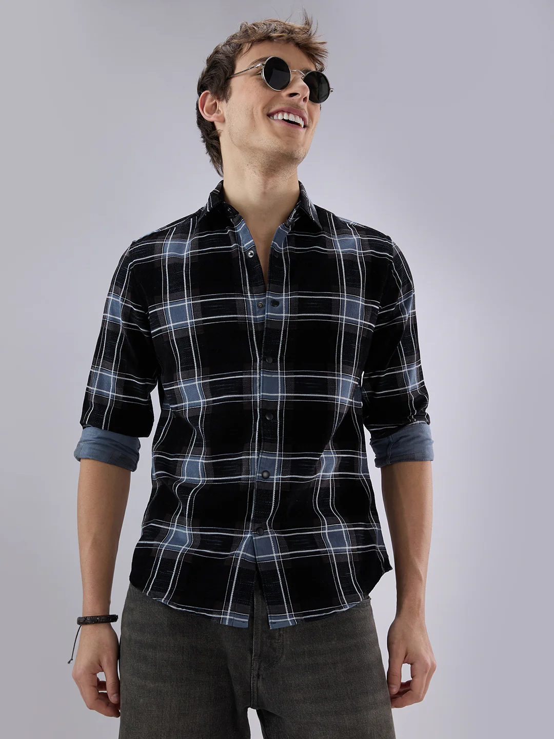Refined Black & Blue Plaid Checks Flannel Corduroy Shirt - Image 4
