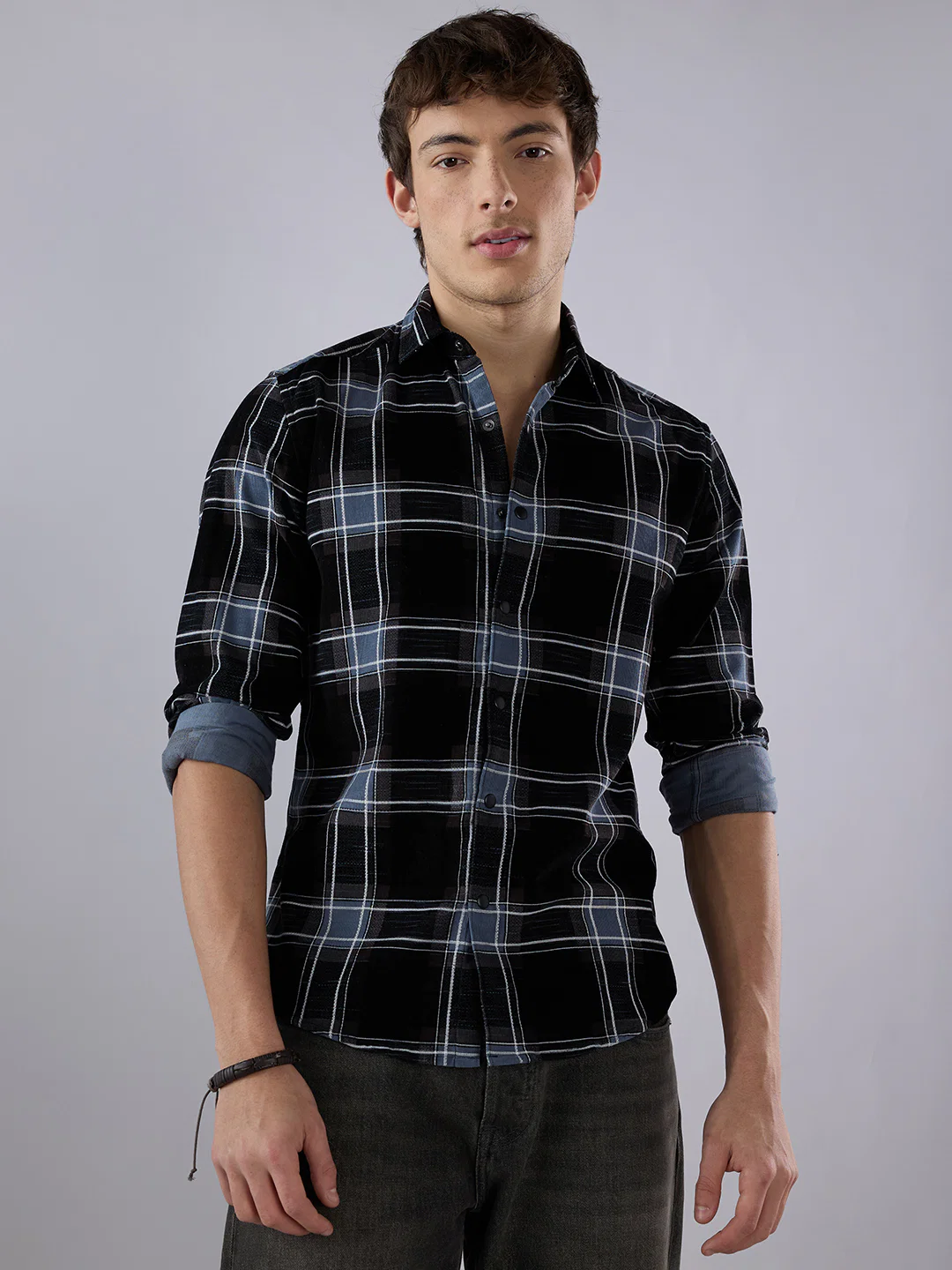 Refined Black & Blue Plaid Checks Flannel Corduroy Shirt - Image 5