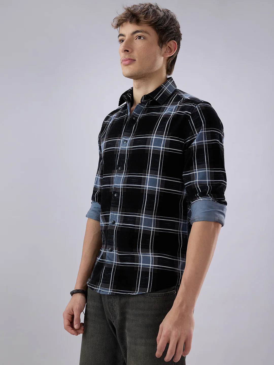 Refined Black & Blue Plaid Checks Flannel Corduroy Shirt - Image 6