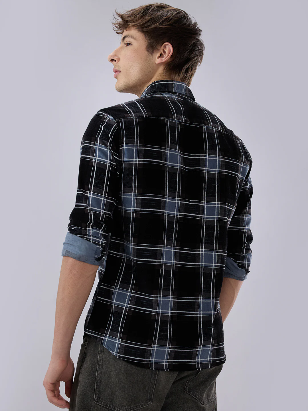 Refined Black & Blue Plaid Checks Flannel Corduroy Shirt - Image 7