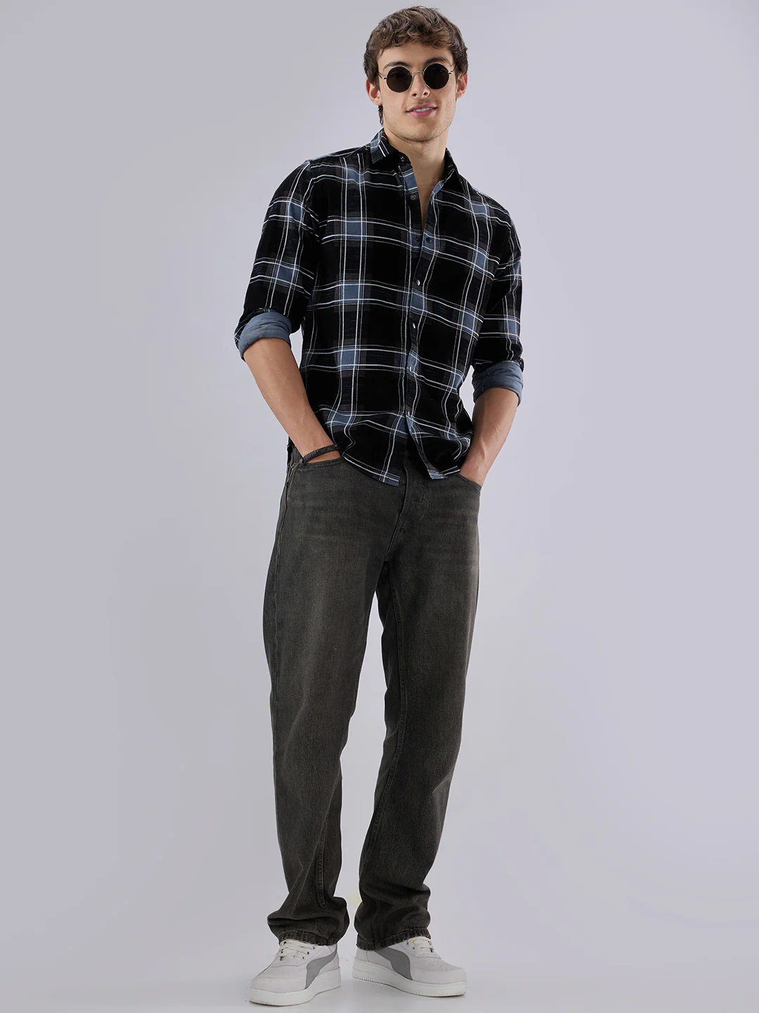 Refined Black & Blue Plaid Checks Flannel Corduroy Shirt - Image 8