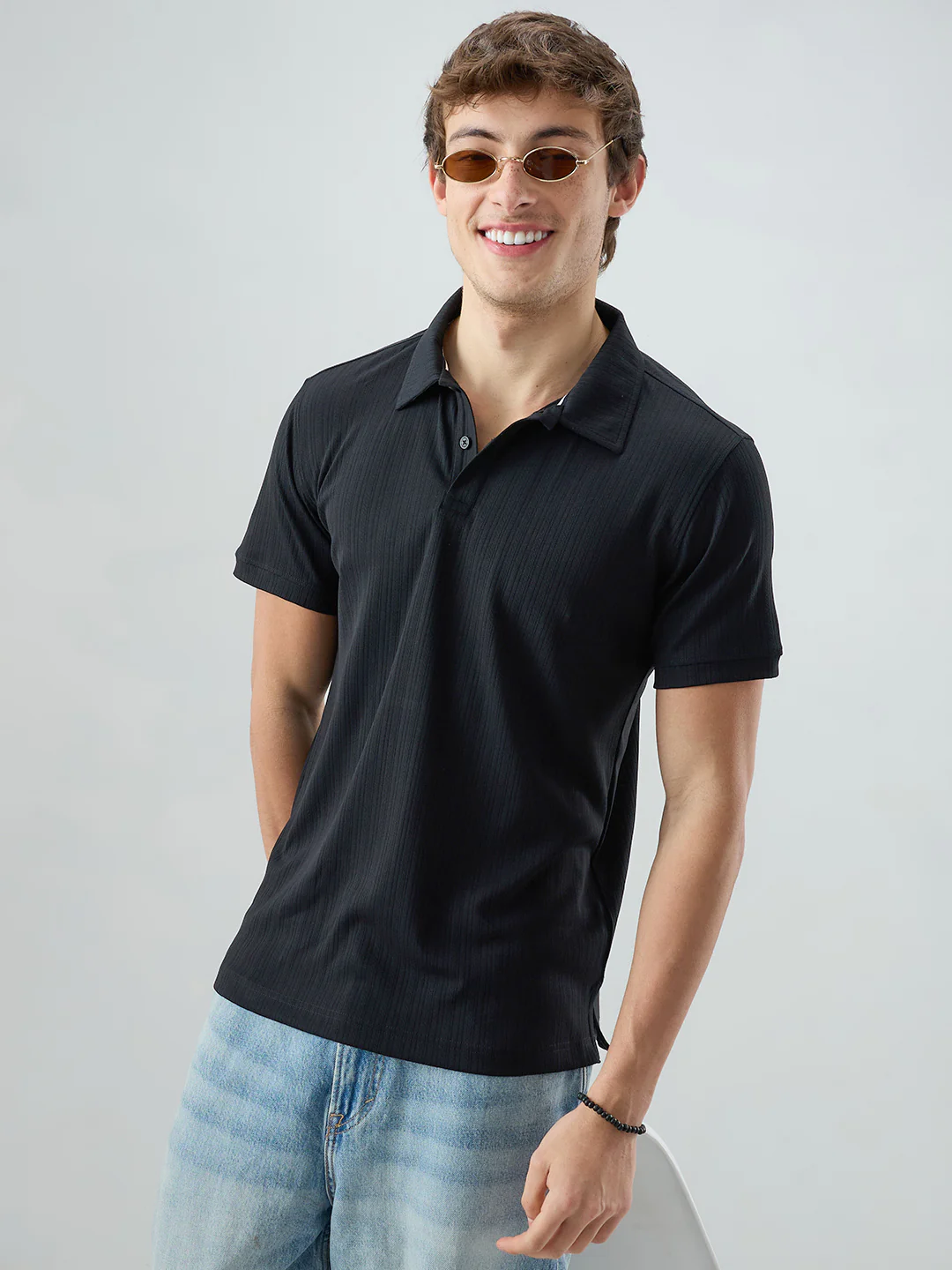 Refined Black Hairline Striped Polo Knit T-Shirt - Image 4