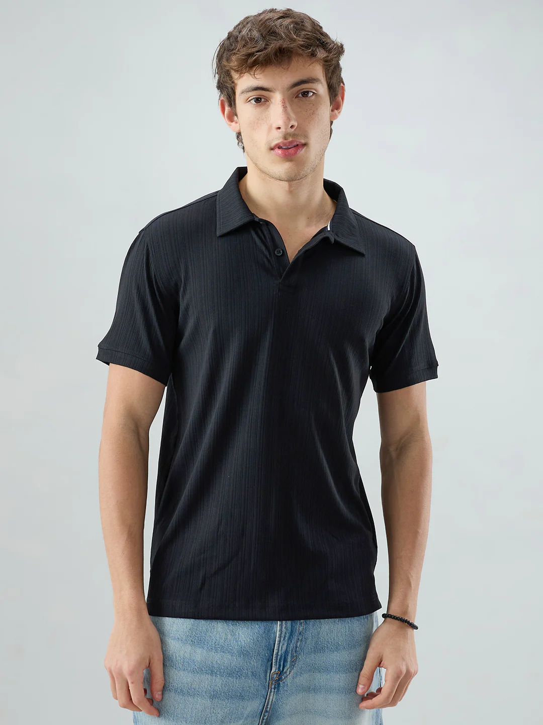 Refined Black Hairline Striped Polo Knit T-Shirt - Image 5
