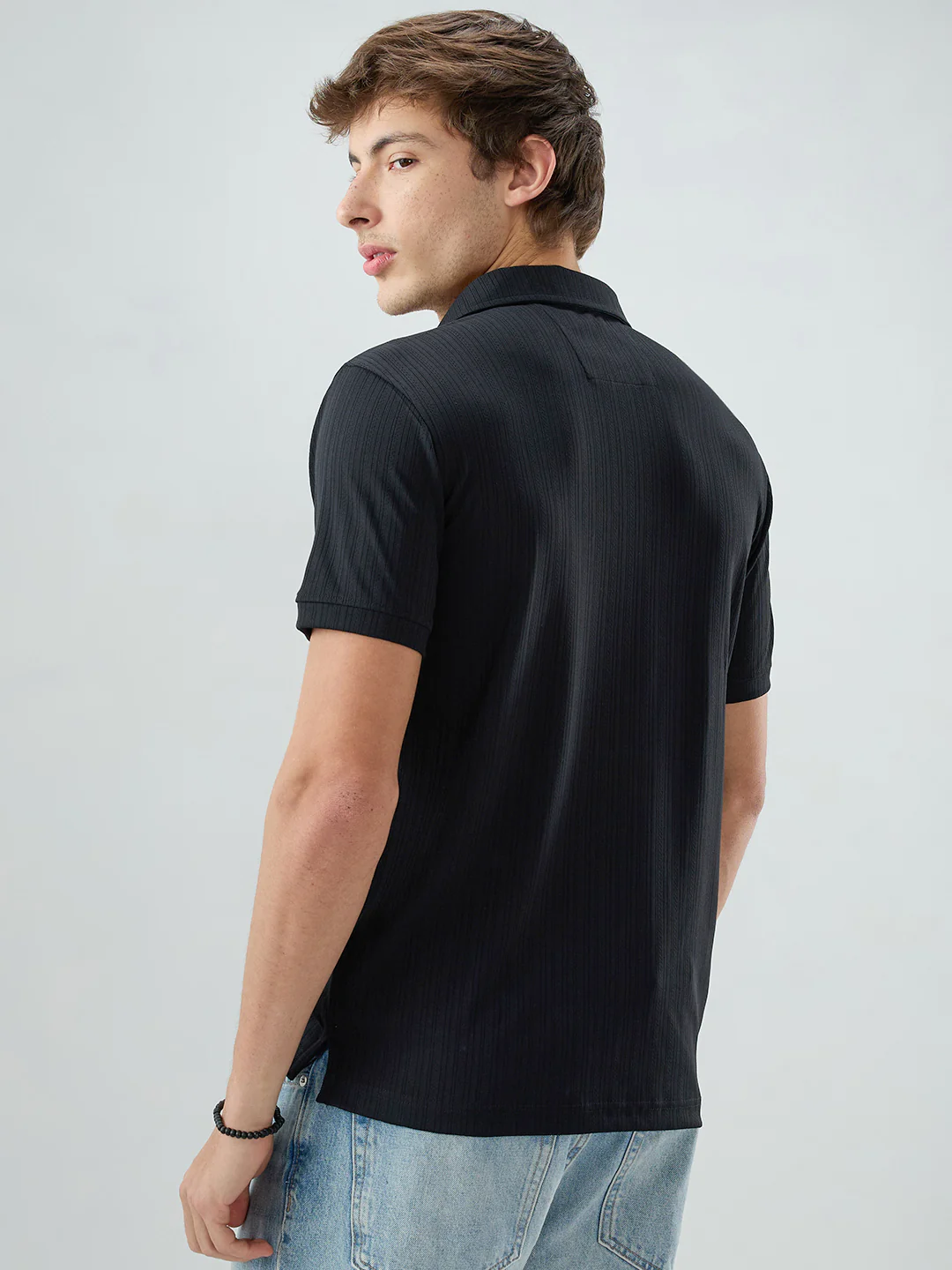 Refined Black Hairline Striped Polo Knit T-Shirt - Image 7