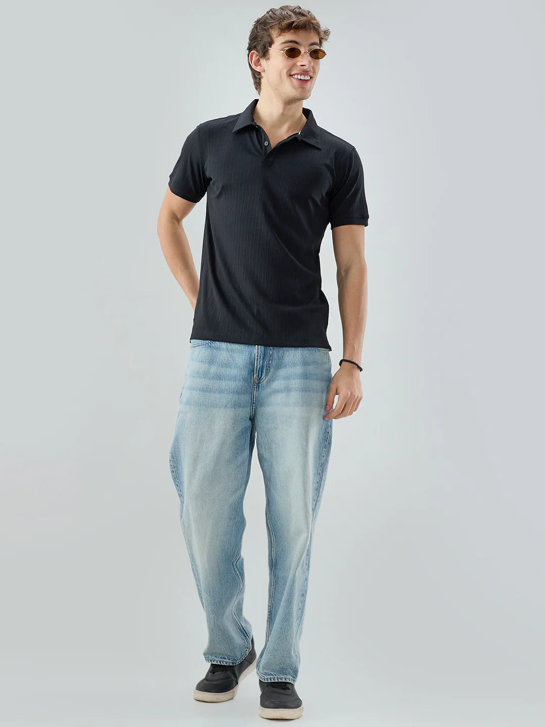 Refined Black Hairline Striped Polo Knit T-Shirt - Image 8