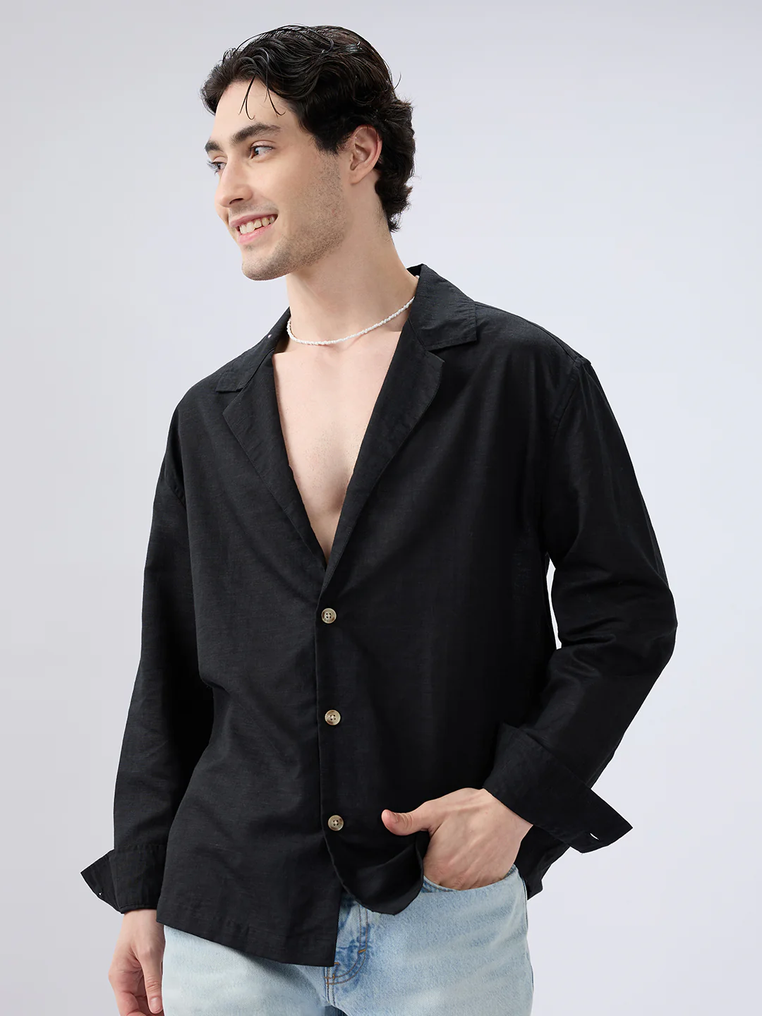 Refined Black Luxe Linen Blend Lapel Collar Oversized Shirt