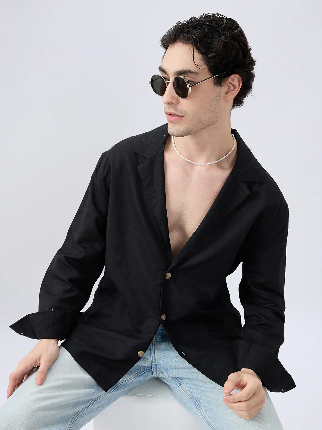 Refined Black Luxe Linen Blend Lapel Collar Oversized Shirt - Image 2