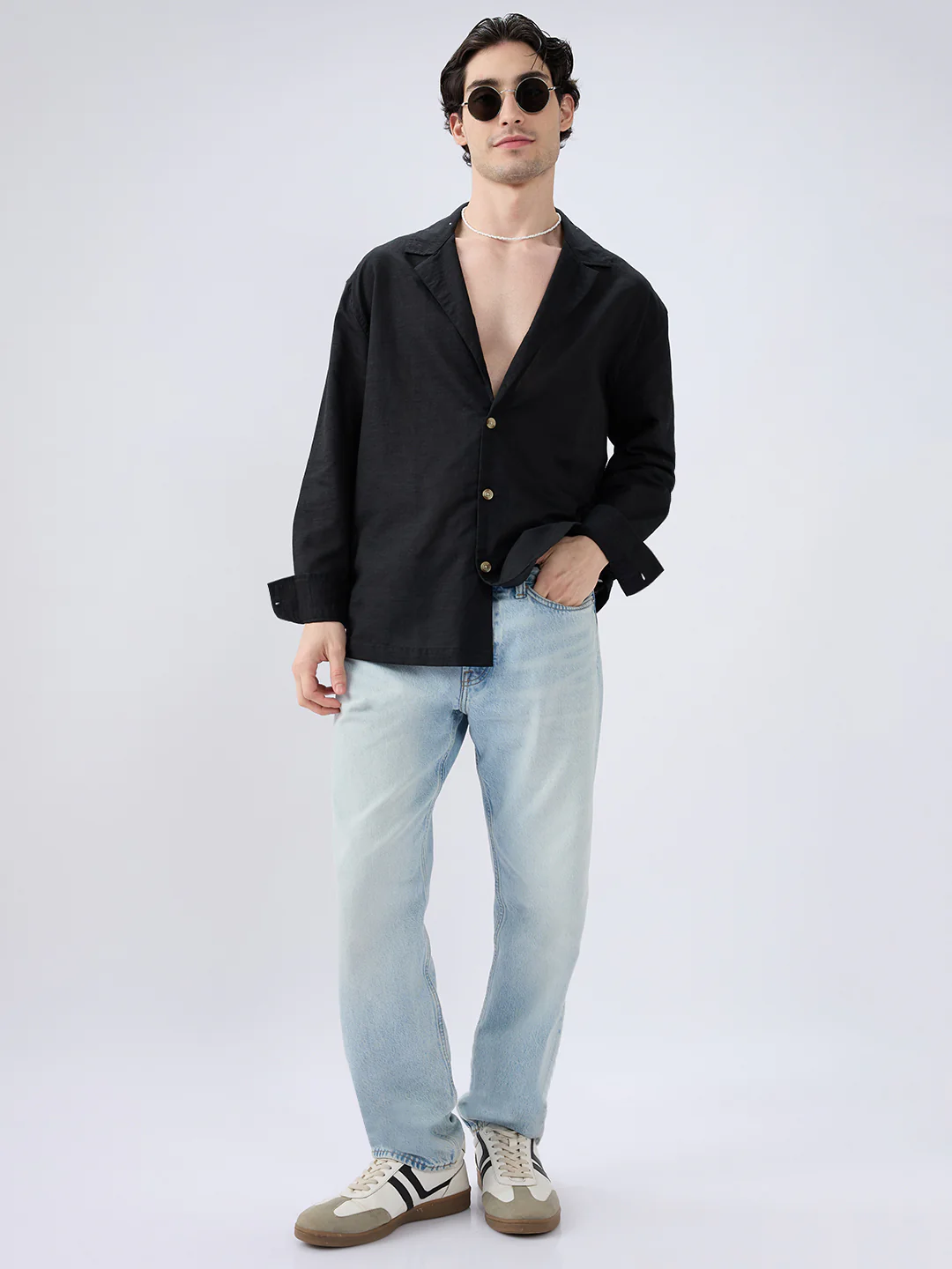 Refined Black Luxe Linen Blend Lapel Collar Oversized Shirt - Image 4