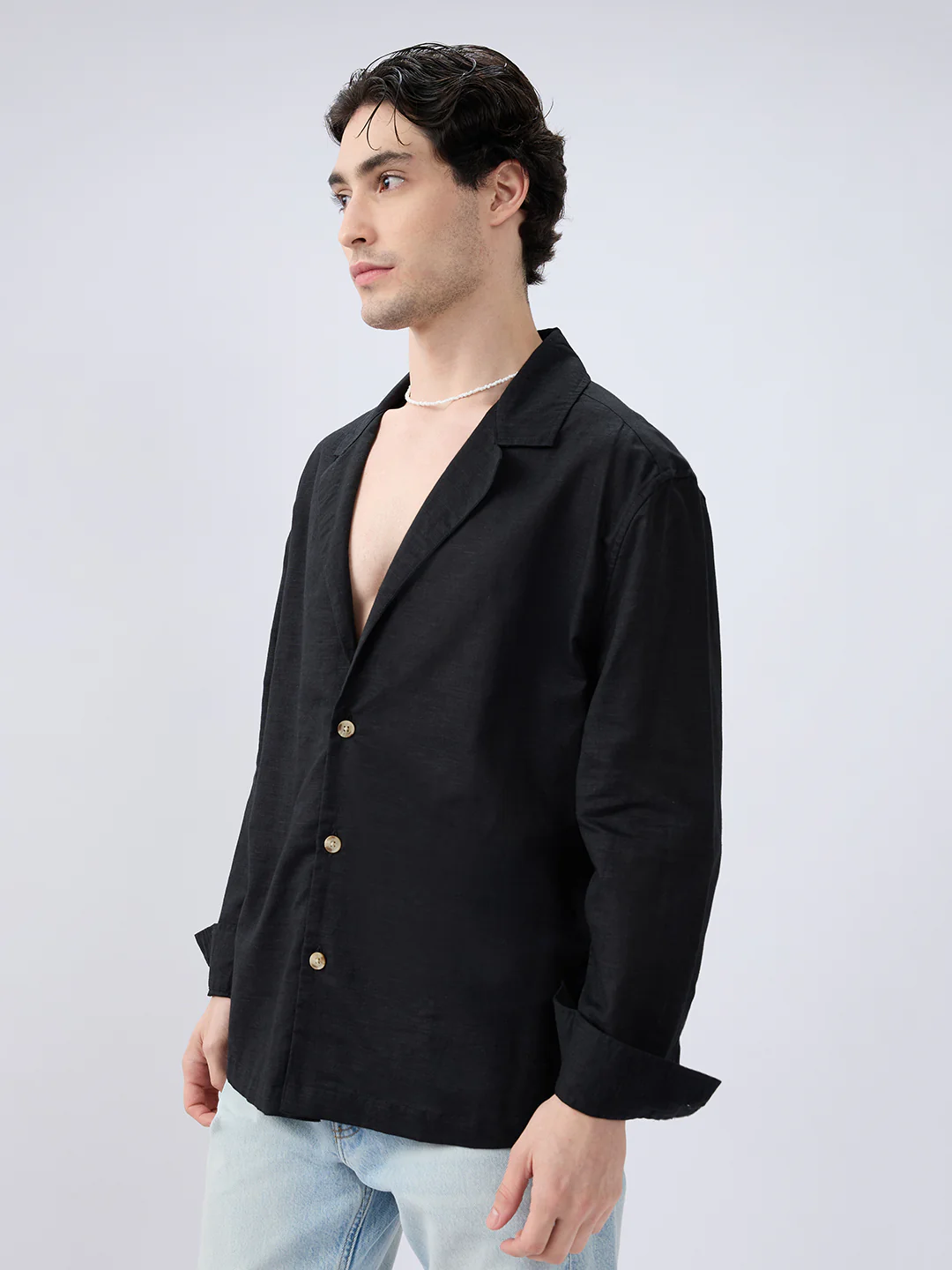 Refined Black Luxe Linen Blend Lapel Collar Oversized Shirt - Image 5