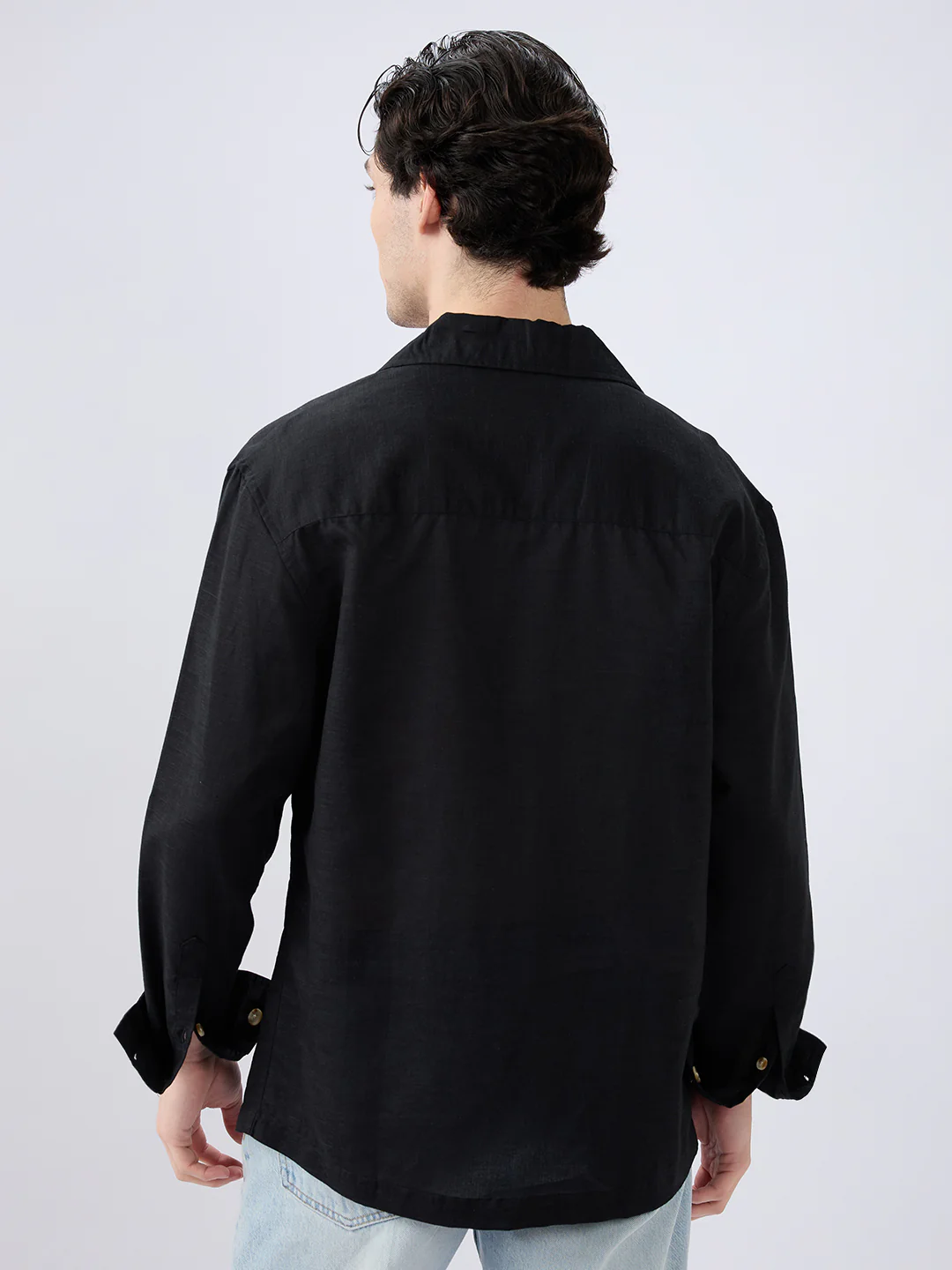 Refined Black Luxe Linen Blend Lapel Collar Oversized Shirt - Image 6