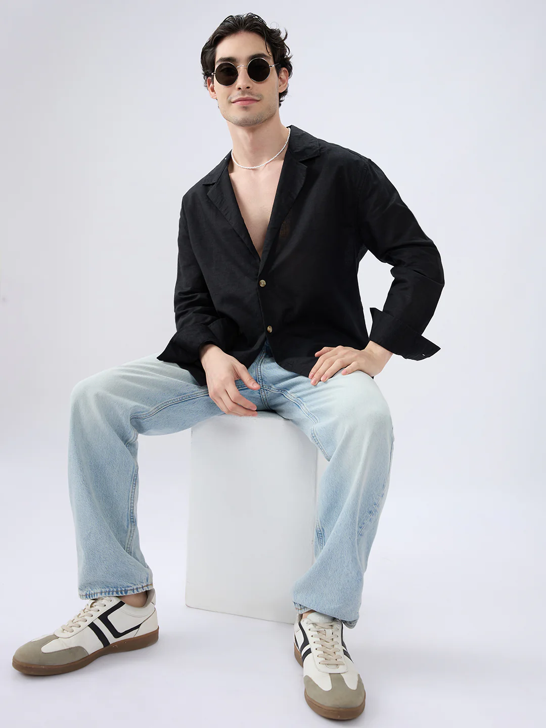 Refined Black Luxe Linen Blend Lapel Collar Oversized Shirt - Image 7