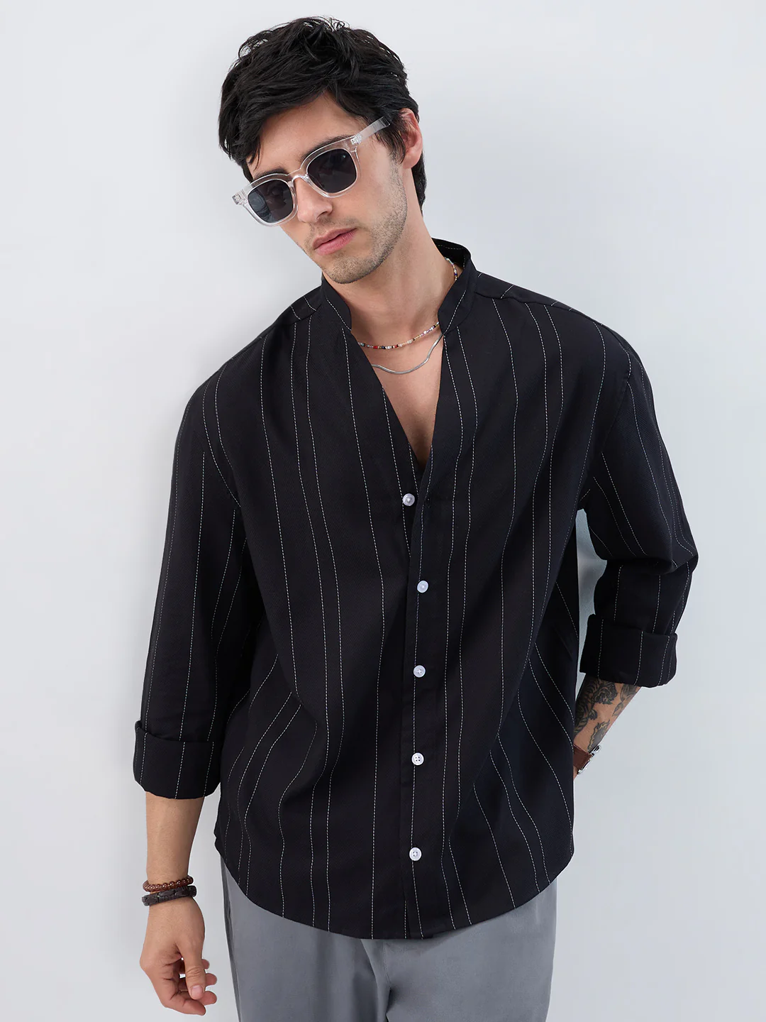 Refined Black Pinstripe Stand-Collar Oversized Shirt - Image 2