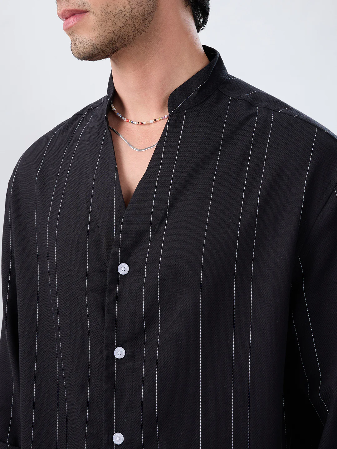 Refined Black Pinstripe Stand-Collar Oversized Shirt - Image 3