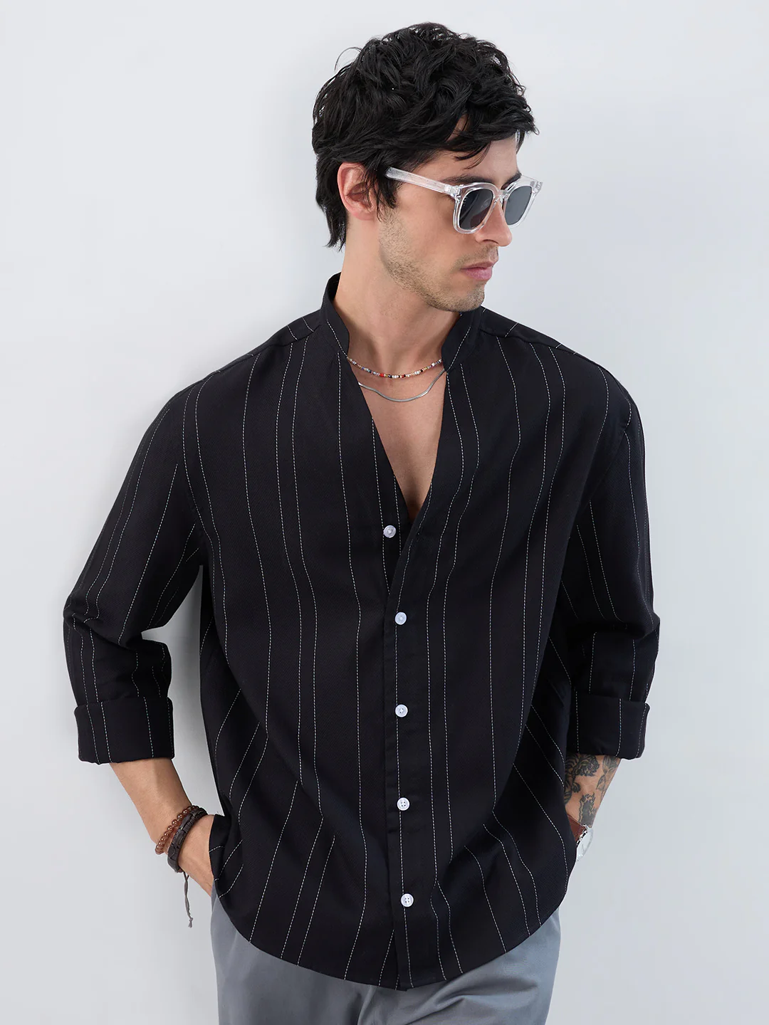 Refined Black Pinstripe Stand-Collar Oversized Shirt - Image 4