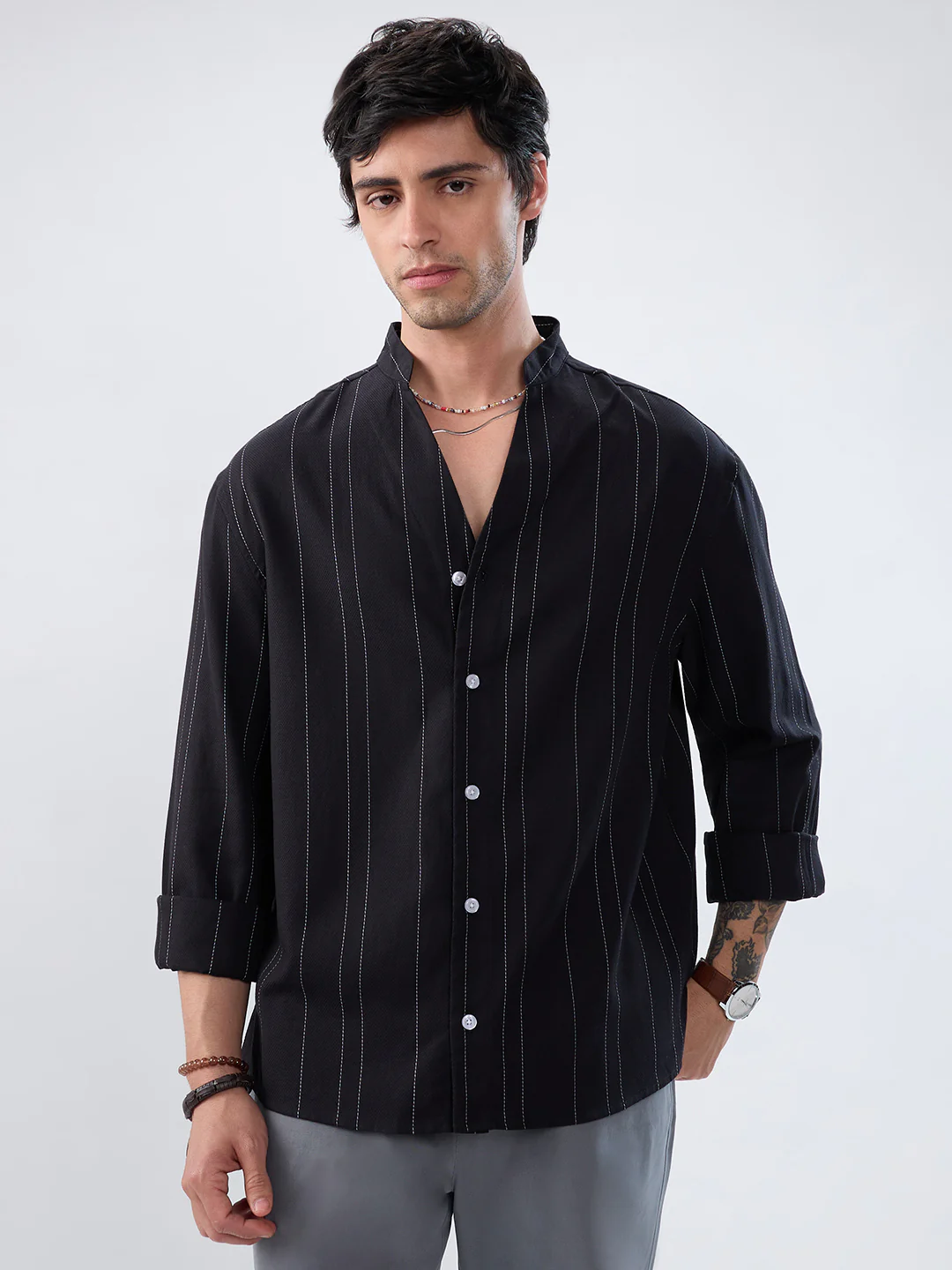 Refined Black Pinstripe Stand-Collar Oversized Shirt - Image 5