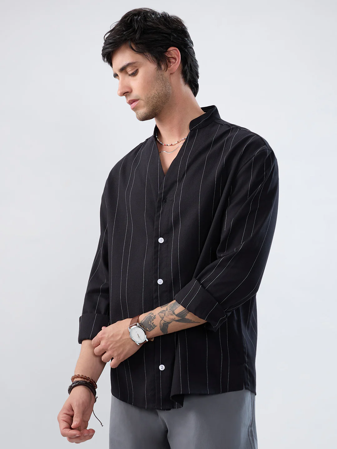 Refined Black Pinstripe Stand-Collar Oversized Shirt - Image 6