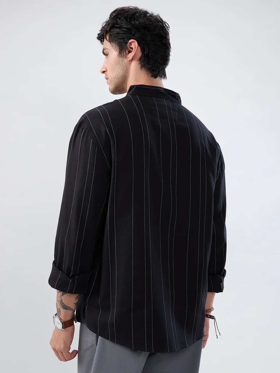 Refined Black Pinstripe Stand-Collar Oversized Shirt - Image 7