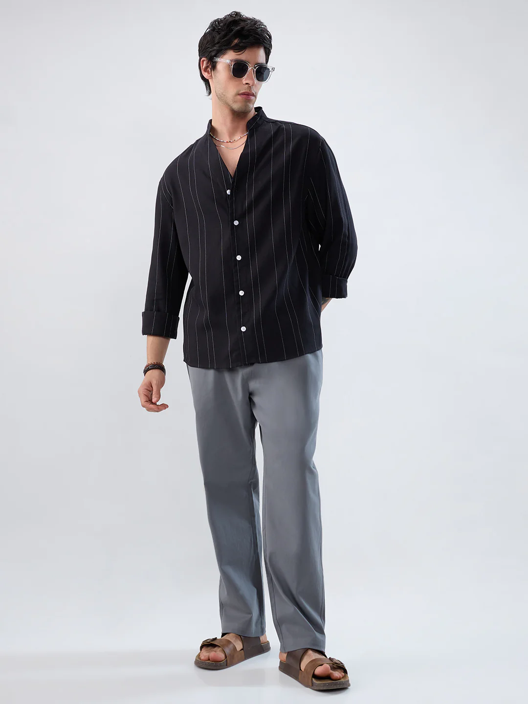 Refined Black Pinstripe Stand-Collar Oversized Shirt - Image 8