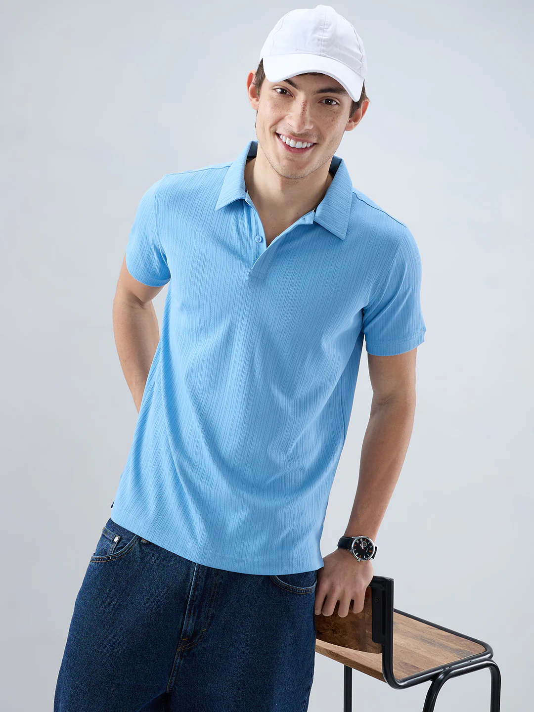 Refined Blue Hairline Striped Polo Knit T-Shirt - Image 4
