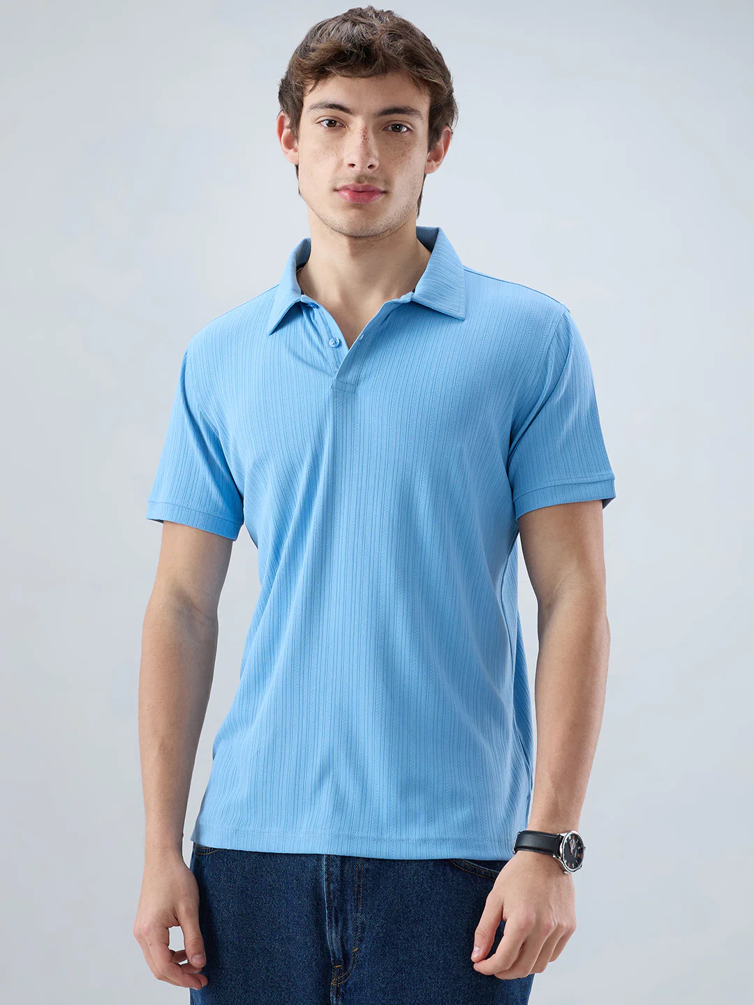 Refined Blue Hairline Striped Polo Knit T-Shirt - Image 5