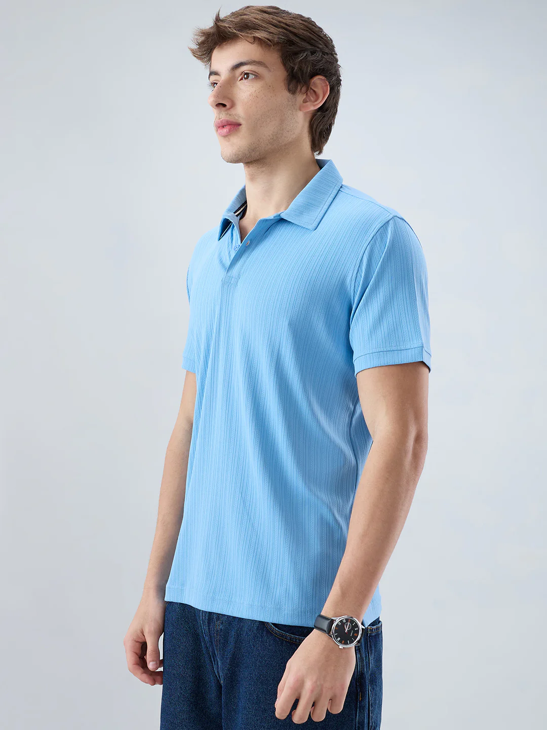 Refined Blue Hairline Striped Polo Knit T-Shirt - Image 6