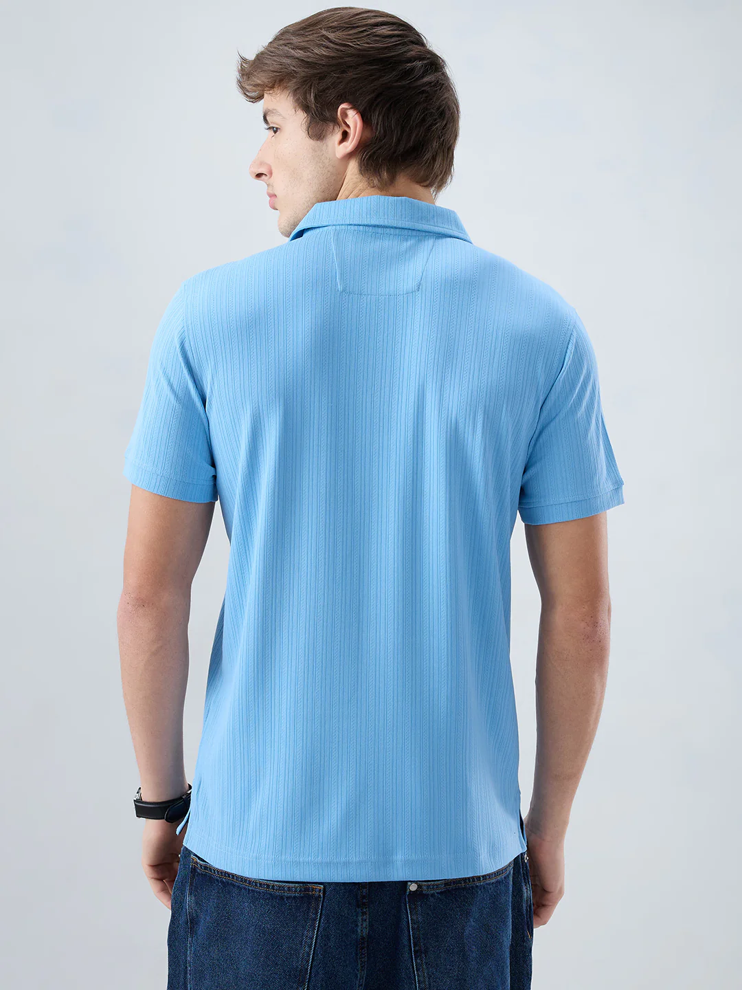 Refined Blue Hairline Striped Polo Knit T-Shirt - Image 7