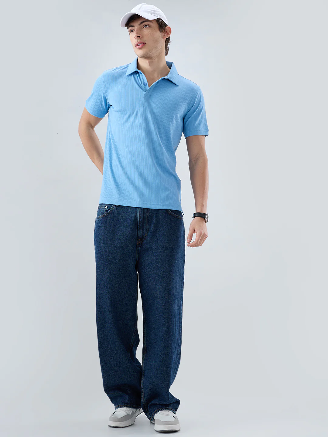 Refined Blue Hairline Striped Polo Knit T-Shirt - Image 8